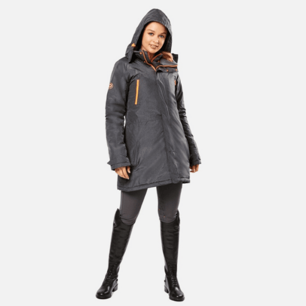 dublin amy mid length waterproof parka front in gray with hood