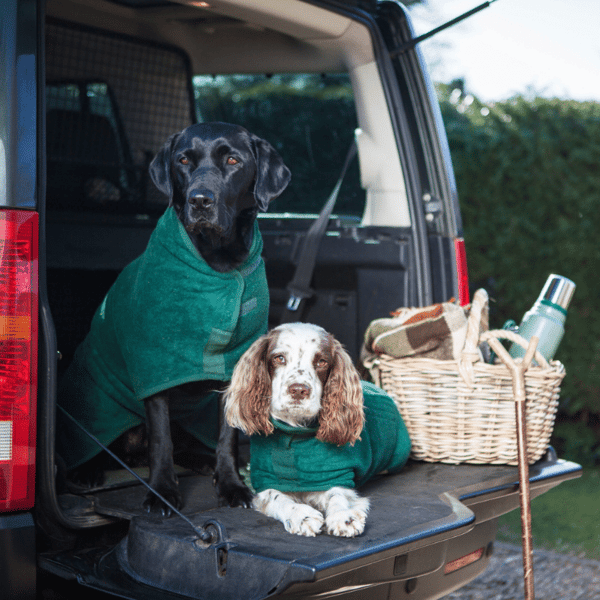 Ruff and Tumble dog drying coat Bottle Green car boot