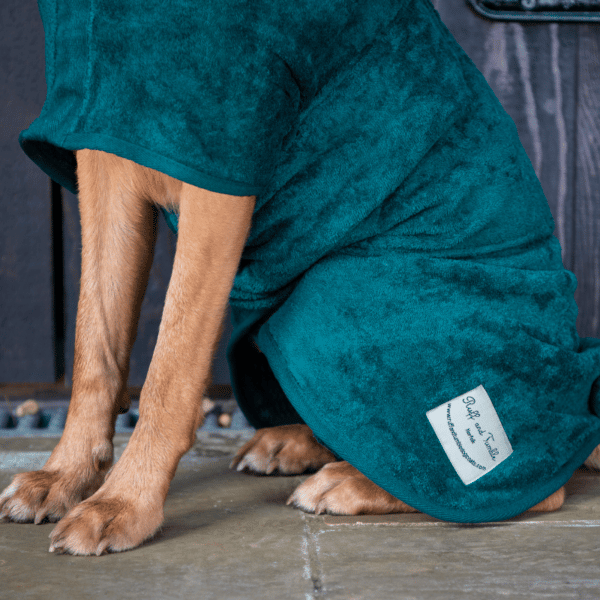 Ruff and Tumble Bottle Green Dog Drying Coat Close Up